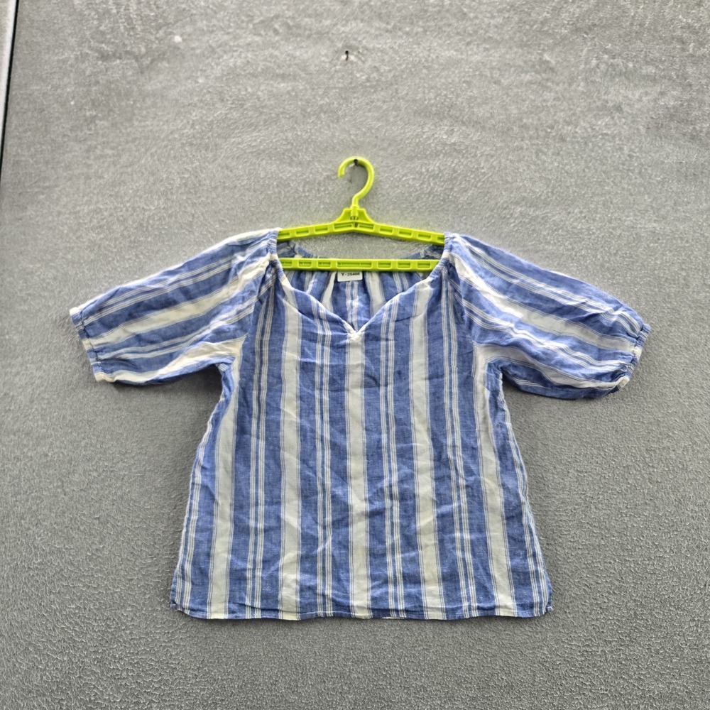 Talbots Women Blouse P Blue Linen Striped Scoop Neck Pullover